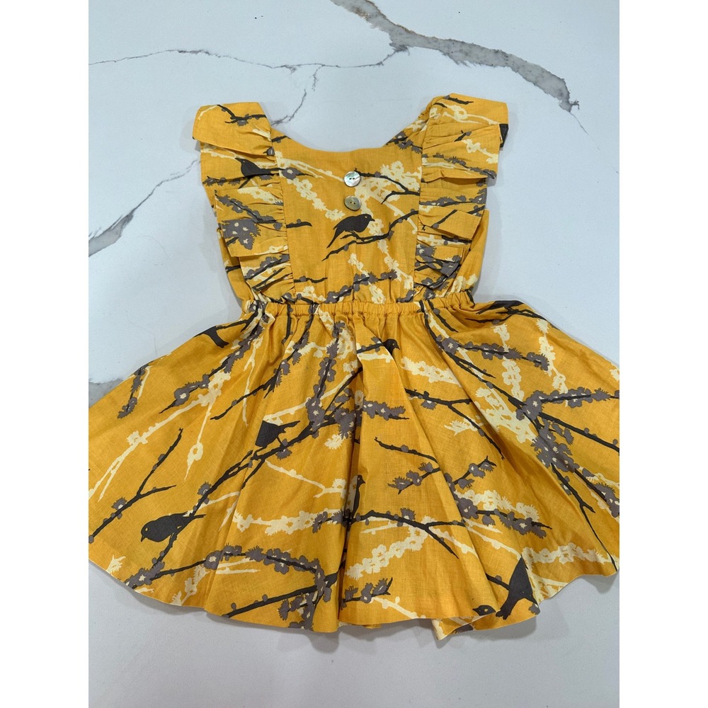 Eleanor Rose Girls Mustard Yellow Bird Branch Print Cotton Ruffle Dress Size 4-5